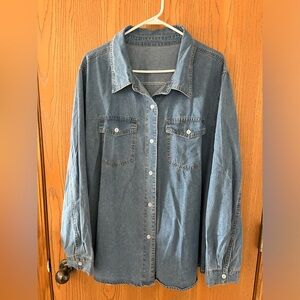 SHEIN Classic Denim Button-Up Shirt - Medium Wash Blue